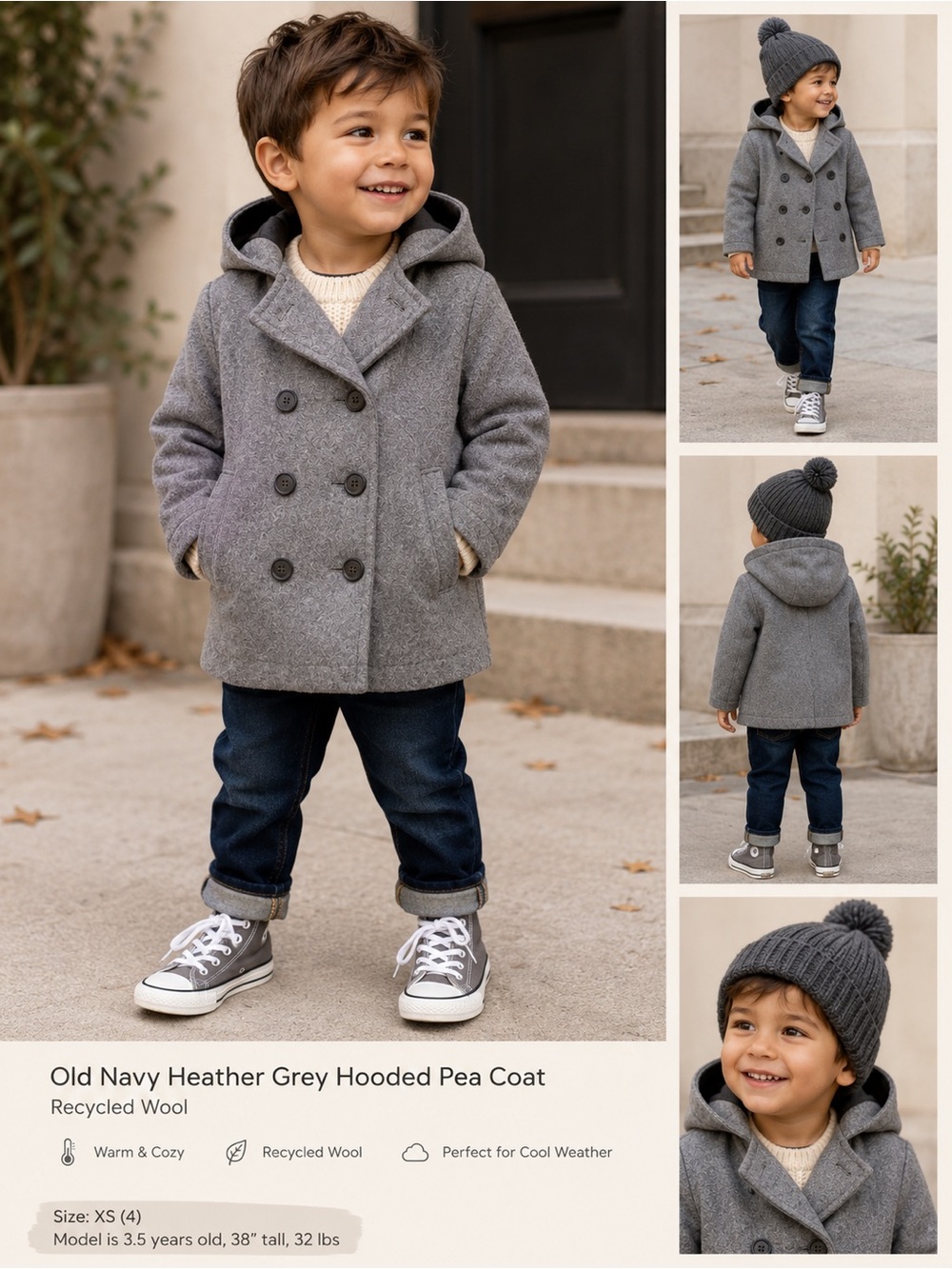 Old Navy Heather Gray‎ Hooded Pea Coat Recycled Wool Blend Kids XS 4